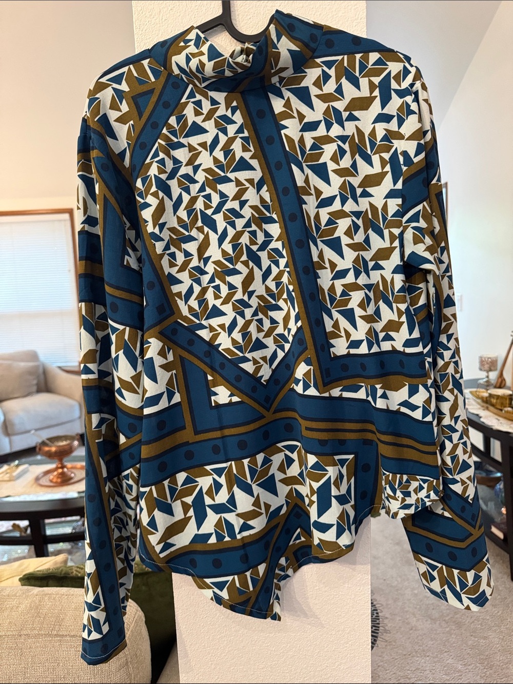 Zara Geometric Print Long-Sleeve Blouse in Blue, White, Brown
